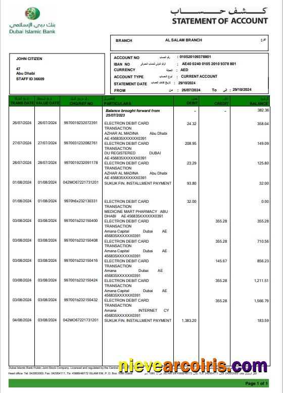 UAE Duabi Islamic bank statement 3 – 6 months Word and PDF example